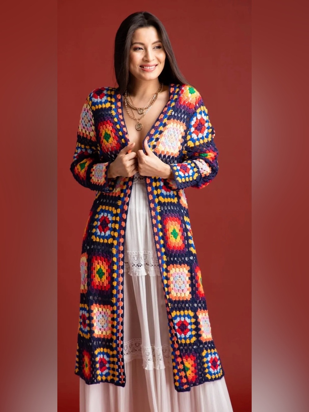 SAACHI Multicolor Crochet Granny-Square Long Cardigan - Picture 1 of 6